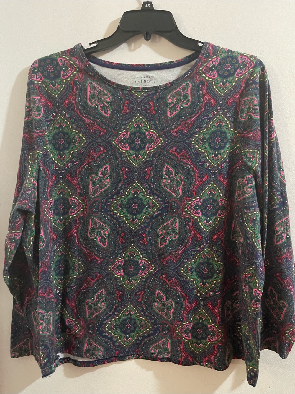 Talbots Navy Long-Sleeve Paisley Top with Pink & Green Accents